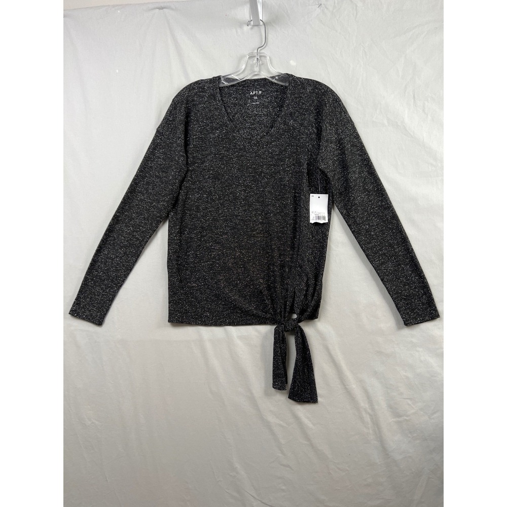 Apt. 9 Side Tie Top Women XS Black Metallic Shimmer V-Neck Long Sleeve